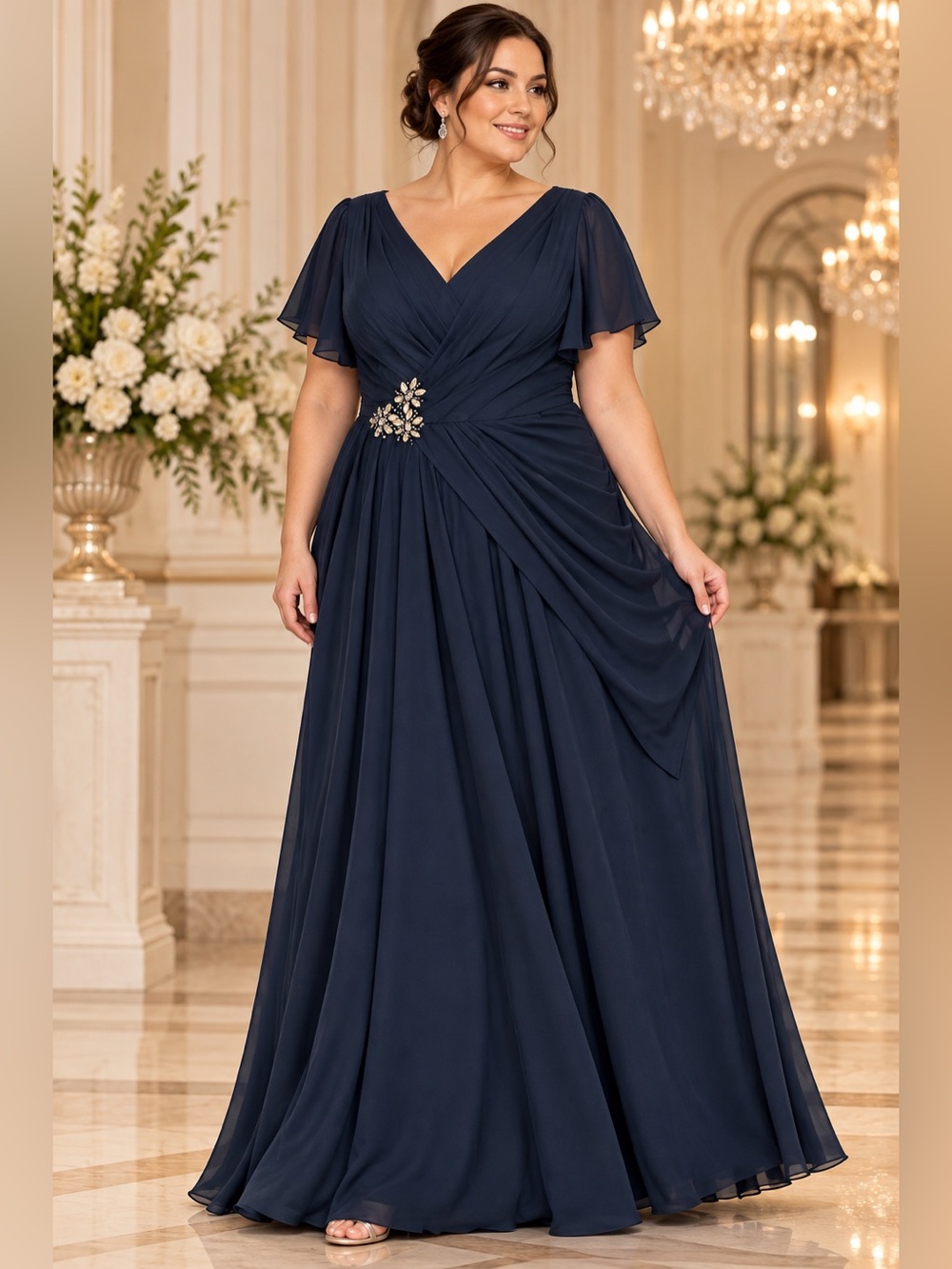NWT JJ’s House Size 18W Dark Navy Chiffon Formal Maxi Gown Beaded Waist